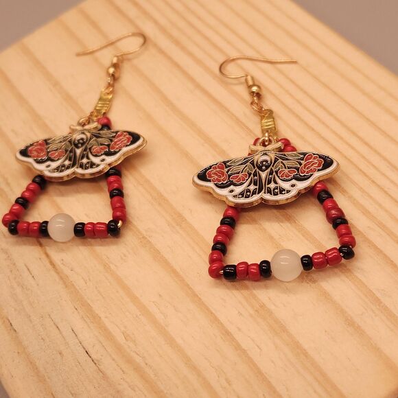 Red and Black Earrings with Moth Charm and Selenite - Picture 2 of 3